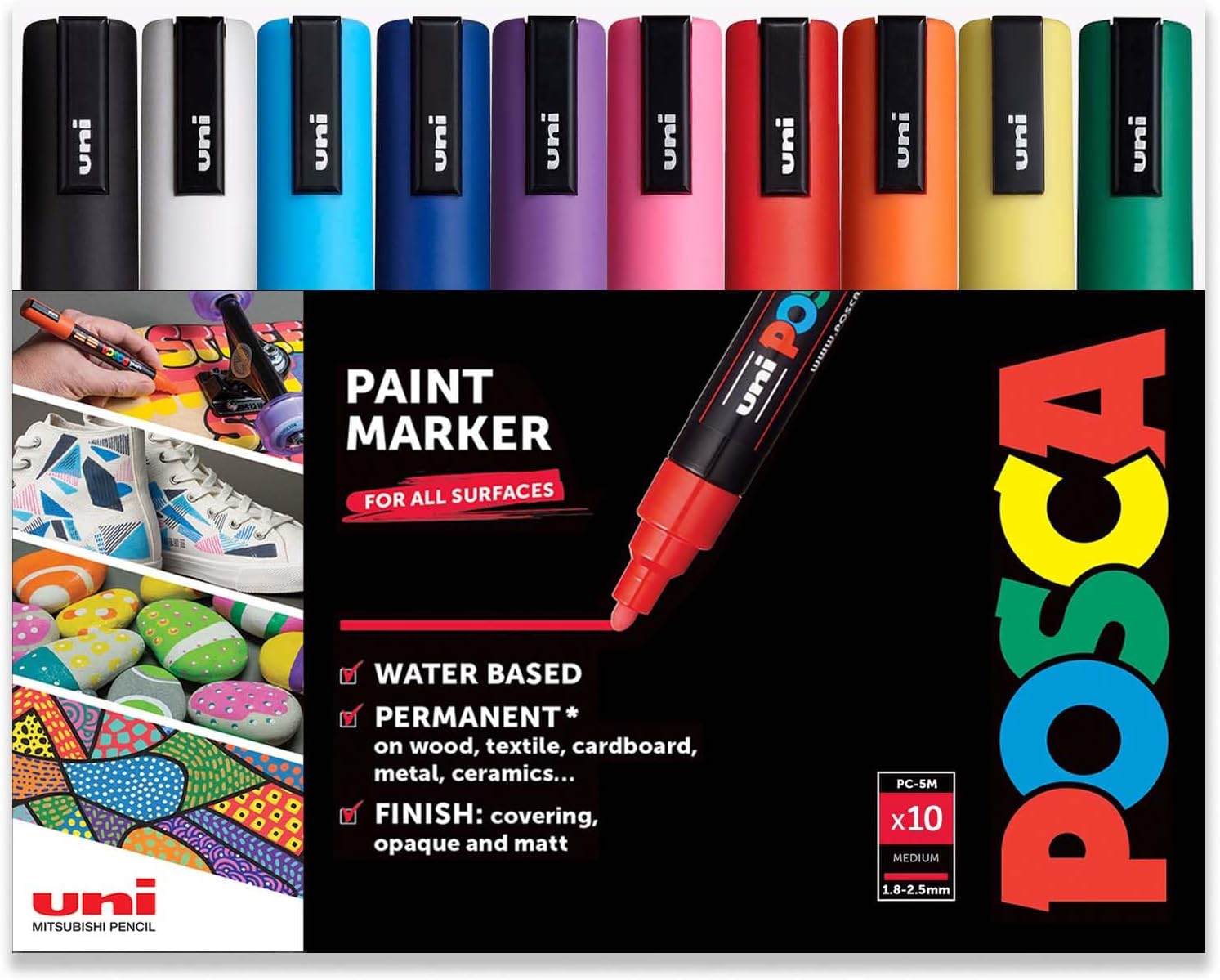 Water Based Permanent Marker Paint Pen - Multi Surface Use - PC-5M, 1.8-2.5mm Medium - Pack of 10