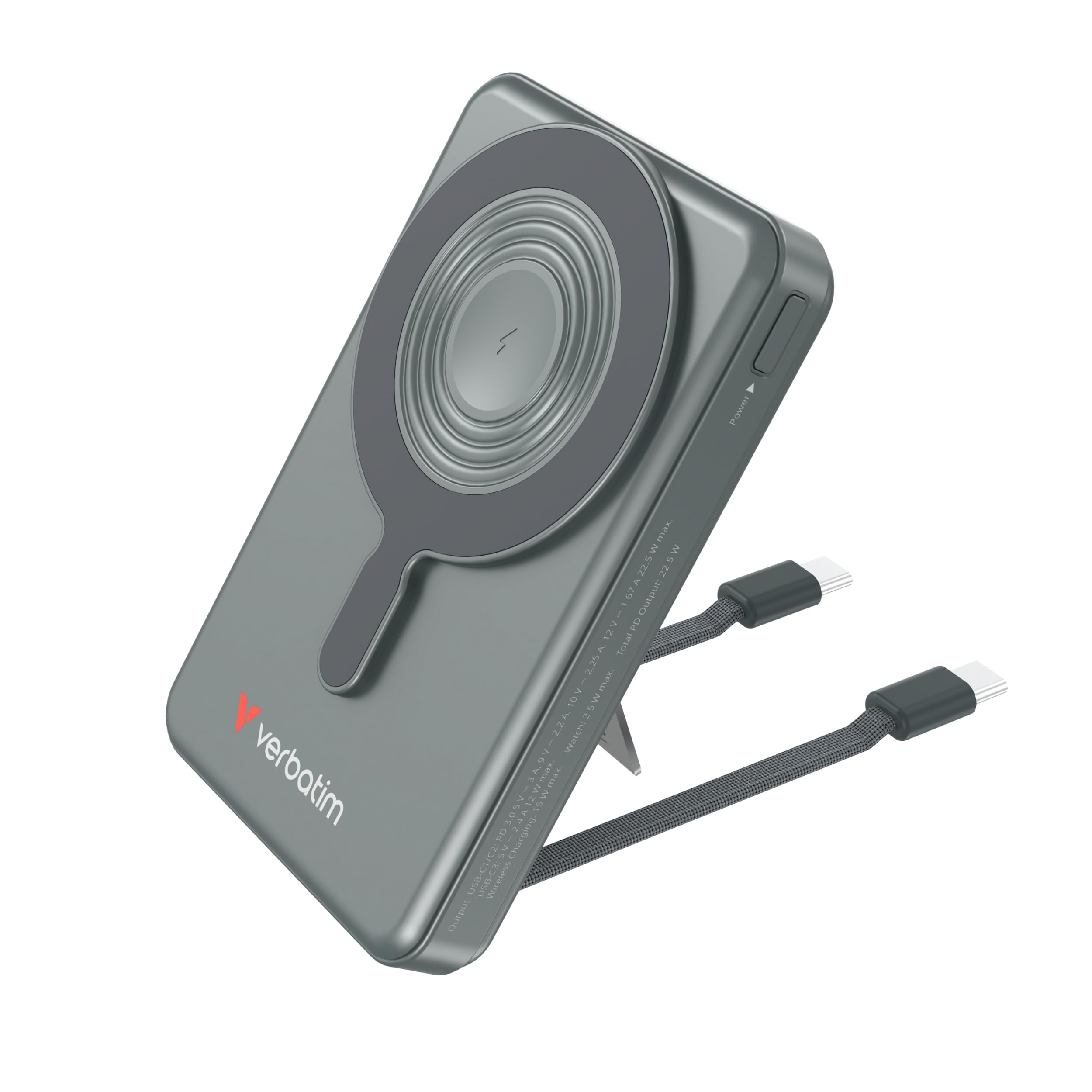 Verbatim Charge 'n' Go MagSafe Powerbank 10 000 mAh [szary] 15 W magnetyczny – funkcja szybkiego ładowania PD 22,5 W, wyświetlacz LED i składany stojak do iPhone 17/16/15/14 Pro, Apple Watch – w