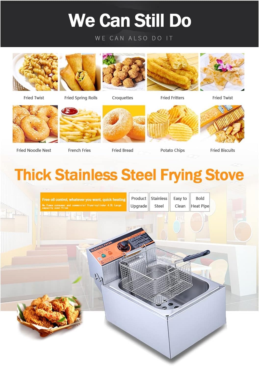 Friggitrice elettrica da banco con cestello solido di facile montaggio, acciaio inossidabile coercitivo, per cucina, ristorante, temperatura regolabile per cucinare patatine fritte di pollo