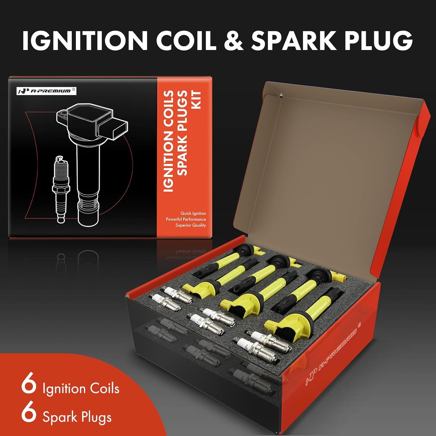 A-Premium (Yellow) Set of 12 Ignition Coil Pack and Iridium Spark Plugs Compatible with Ford F-150, Explorer, Edge, Transit-150, Mustang, Taurus, Flex & Mazda 6, CX-9 & Lincoln MKZ, MKX, MKS, MKT