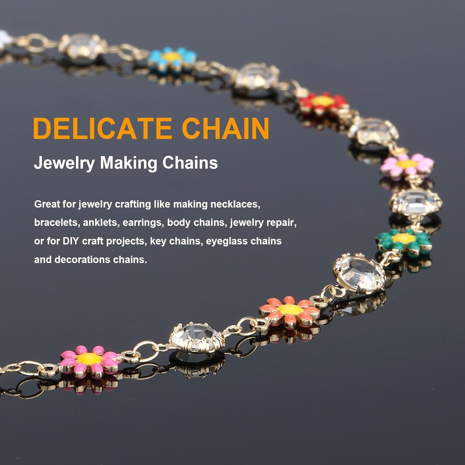 KYUNHOO 16.4FT/5M Multicolored Daisy Flowers Jewelry Chains for Making Jewelry Clear Rhinestone Chain Roll Beaded Jewelry Making Chain on Bulk for Craft DIY - Image 4