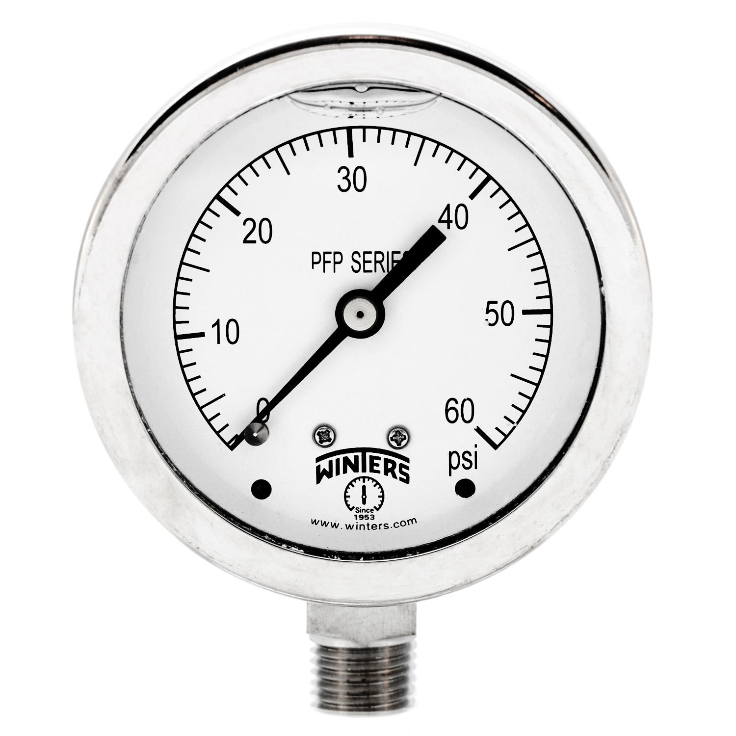 Winters PFP Series Premium Stainless Steel 304 Single Scale Liquid Filled Pressure Gauge, 0-60 psi, 2-1/2" Dial Display, +/-1.5% Accuracy, 1/4" NPT Bottom Mount