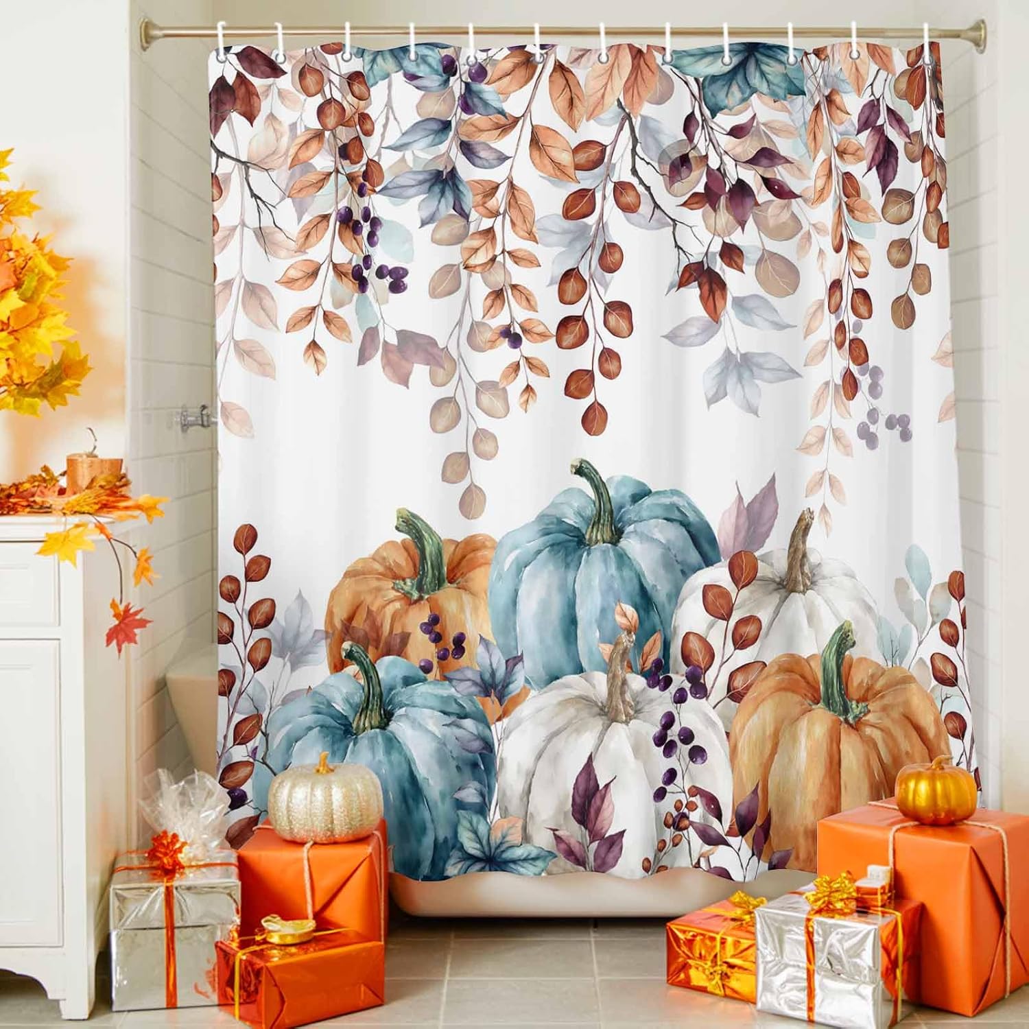 LooPoP Fall Shower Curtain Autumn Maple Leaves Bathroom Curtains with Hooks, Waterproof Polyester Fabric Thanksgiving Harvest Pumpkin Shower Curtains Set for Bathroom Bathtubs Decor 78x78 Inch