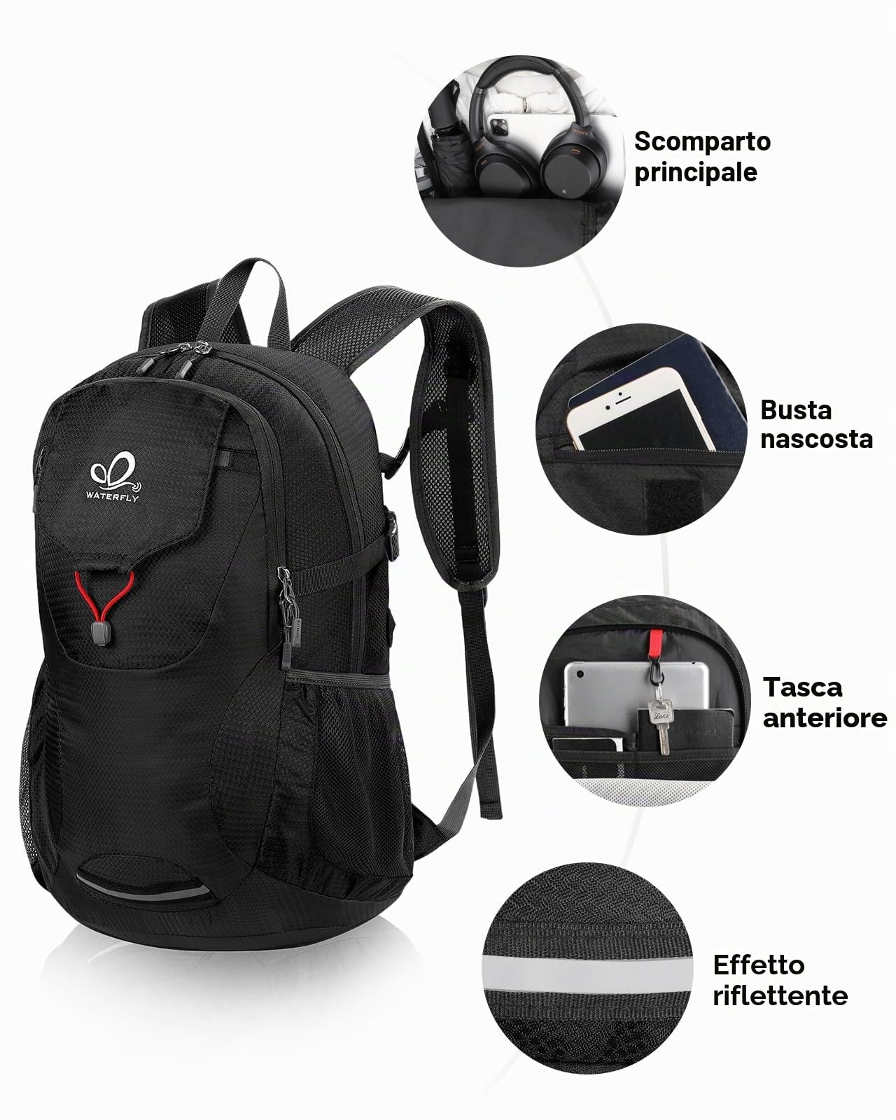 Waterfly Impermeabile Zaino Pieghevole Leggero: 30 Litri Nylon Pieghevoli Zainetto per Donna Uomo Sport Montagna Campeggio Escursionismo Trekking Zaini Ripiegabile