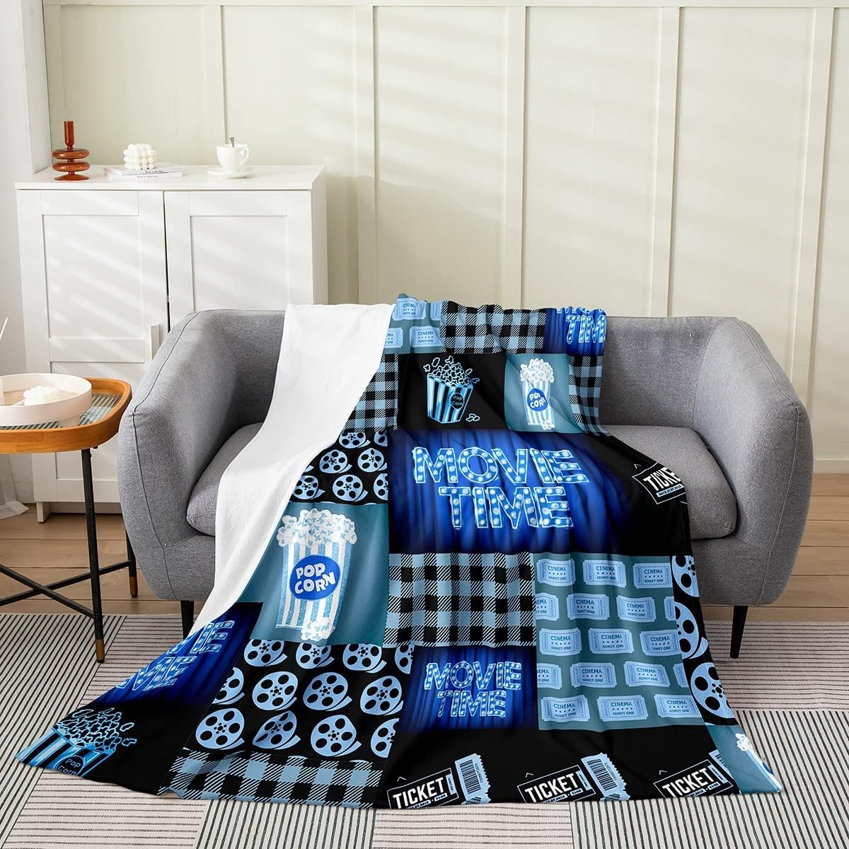 Feelyou Movie Theater Time All Season,Bed Blanket Popcorn Plush Throw Blanket, Cinema Poster Flannel Fleece Blanket for Boys Girls Teens Bedroom Decor Dark Blue Geometry Plaid Throw 50"x60"