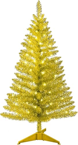 Árbol de Navidad artificial preiluminado de 4 pies, oropel dorado con luces blancas, ideal para el hogar, la oficina y la decoración de fiestas de