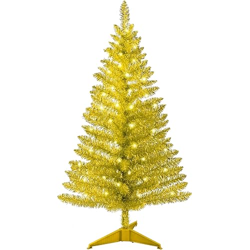 4ft Lighted Artificial Gold Christmas Tree, Not Pre-lit Gold Tinsel Pine Trees with Lights, Ideal for Ideal for Home, Office, and Xmas Party Décor - Includes Stand