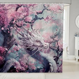 Feelyou White Dragon Fabric Shower Curtain Exotic Dragon Shower Curtain Boys Girls Artistic Cherry Blossom Bathroom Waterproof Accessories with 12 Hooks Wild Ancient Animal Curtains,72x72 Inches
