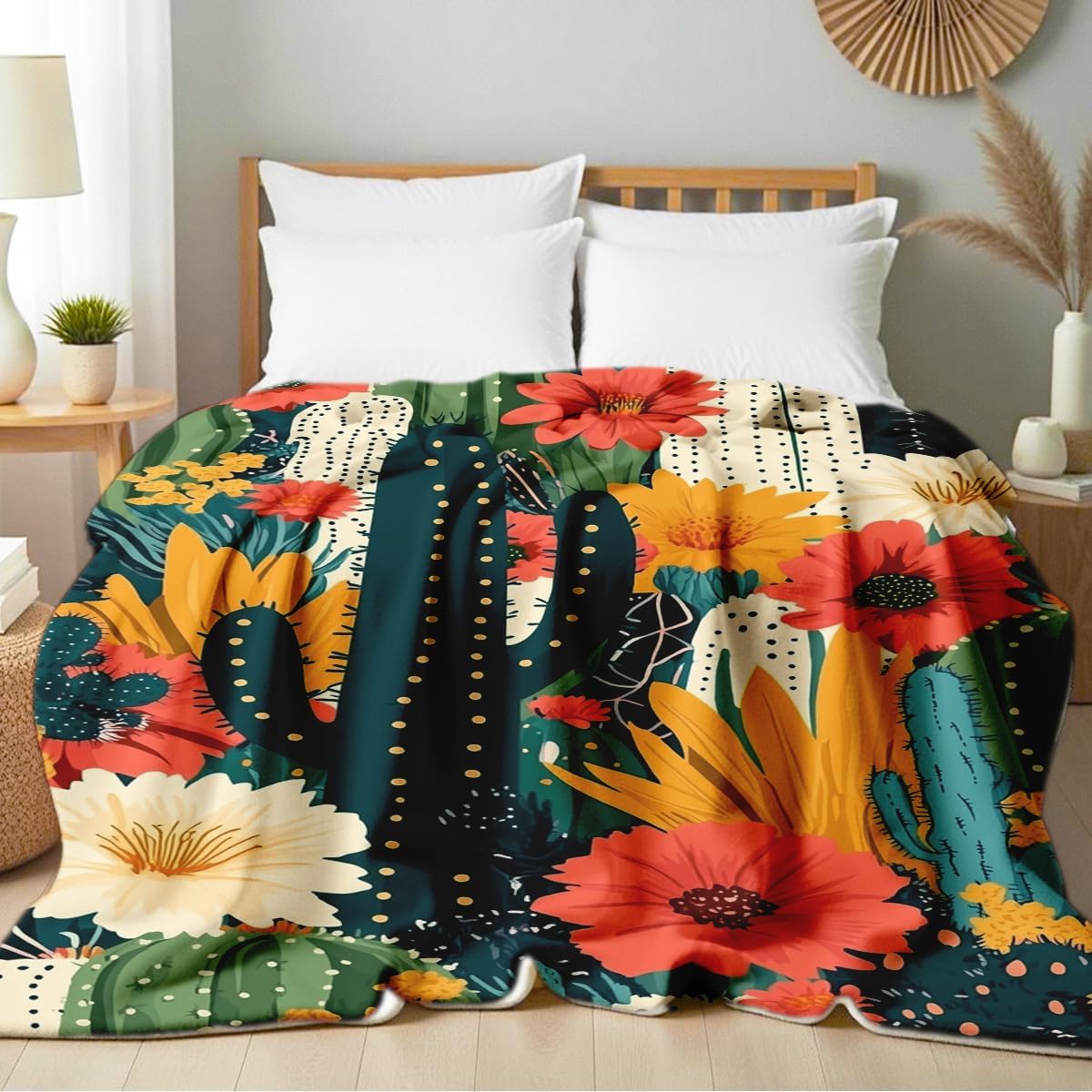 Cactus Succulent Throw Blanket Green Plants Print Blanket Cactus Floral Flannel Throw Soft Botanical Printed Bedding for Couch Bed Room Home Decor (49"x59")