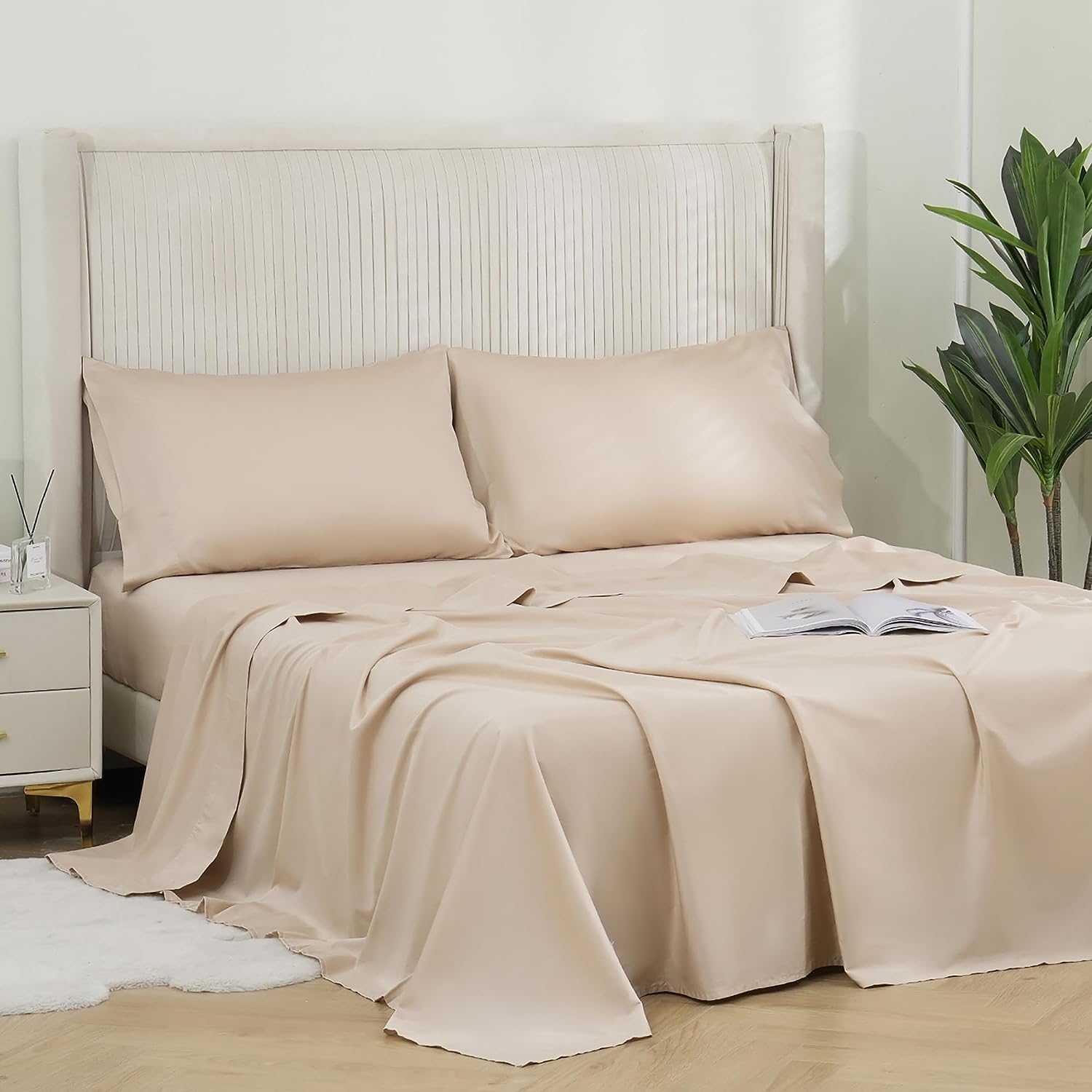 DOWNCOOL Queen Sheet Set - 100% Cotton Sheets for Queen Size Bed, 16" Deep Pocket Queen Sheets, 400 Thread Count Sateen, Silky Soft & Cooling Sheets, 4-Piece Bed Sheets Queen Size, Beige Sheets