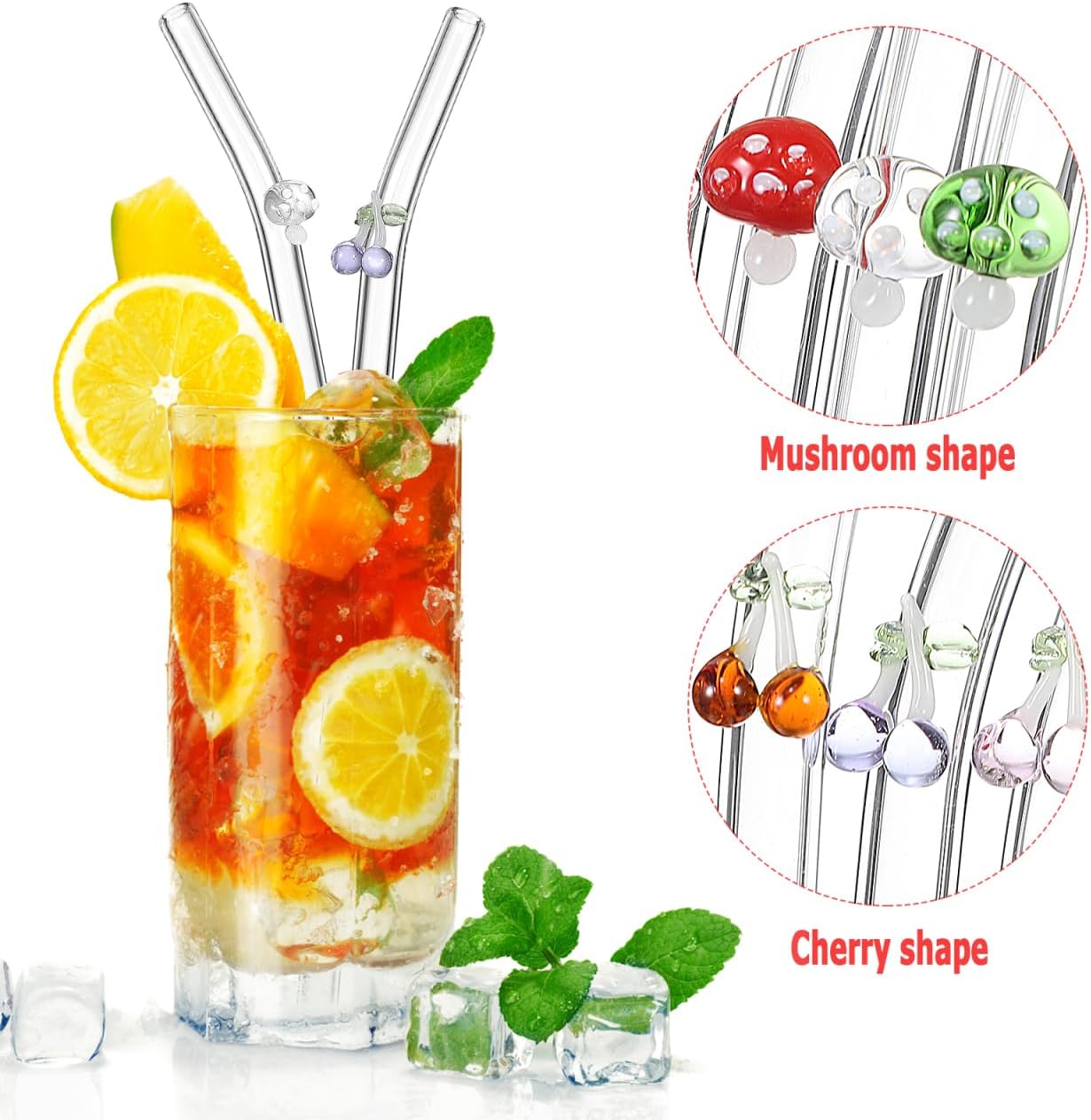 UPKOCH Reusable Glass Straws Set 6 Bent Clear Drinking Straws 7.87 Inch with 2 Cleaning Brushes for Coffee Smoothies Juice Tea Household Use