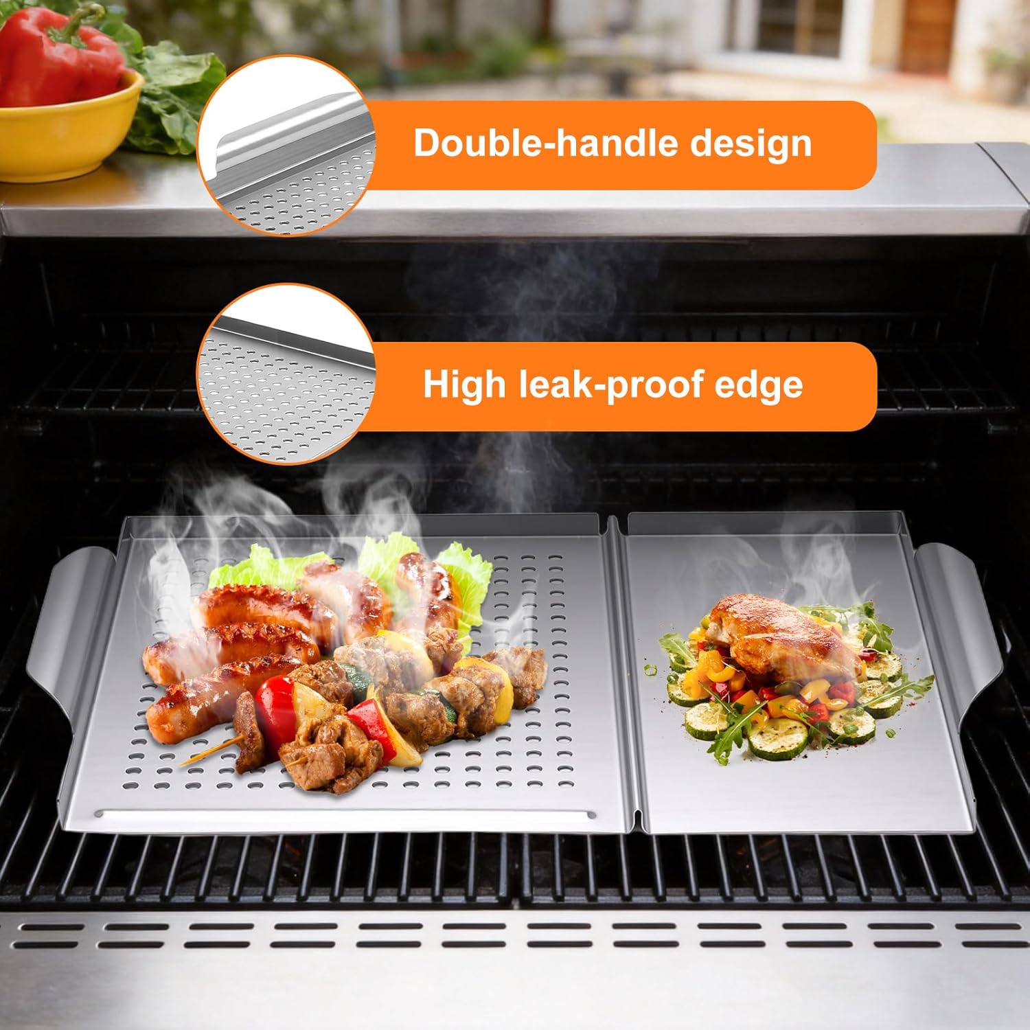 BBQ Grill Pan, Stainless Steel Grill Griddle with Handles Holes, Portable Grill Pans Tray for Gas Charcoal, Outdoor Flat Top Grilling Pan for Vegetables Meats