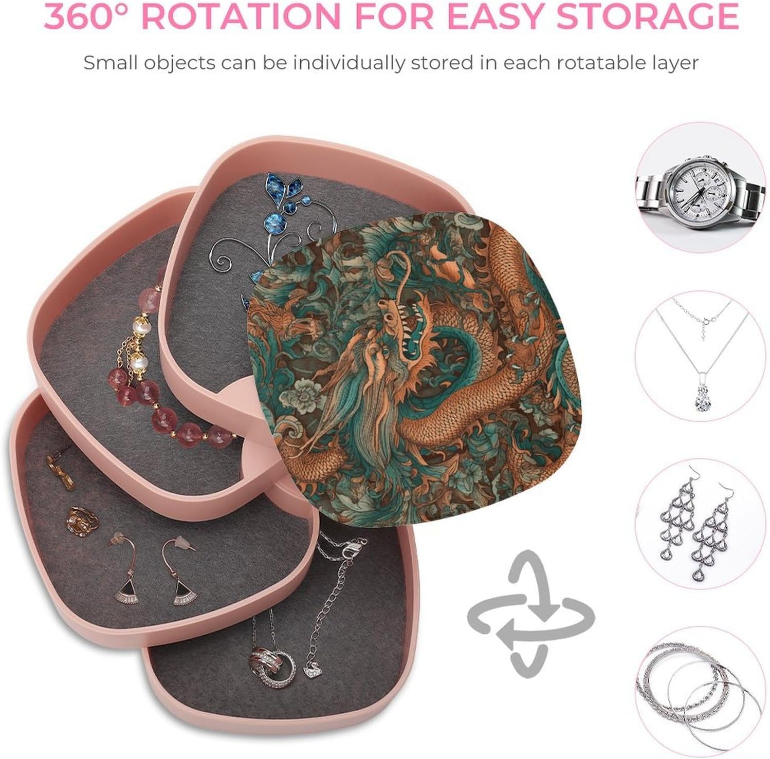 Intricate Dragon Pattern 4-Layers 360°Rotating Jewelry Box image 4