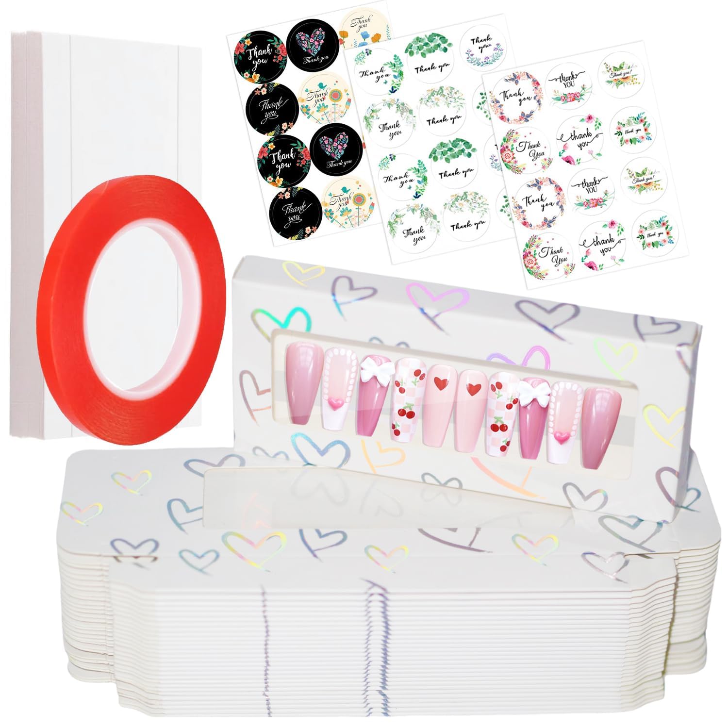 Yazabai 74PCS Press on Nails Packaging Box Set Includes 35PCS Empty Nail Package Box 35PCS White Background Paper 1 Double Sided Tape and 3 Thank You