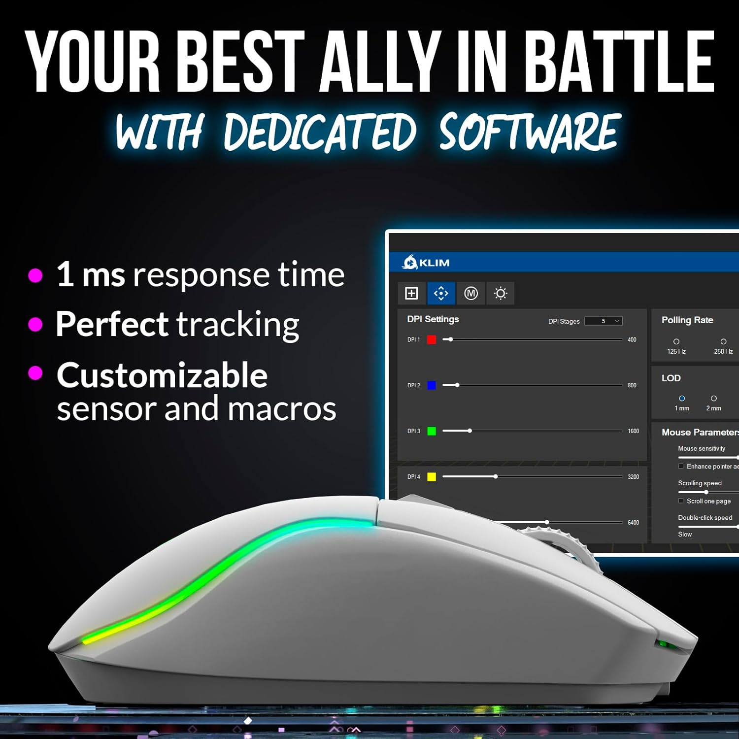 KLIM Blaze Y RGB Rechargeable Wireless Gaming Mouse with Charging Dock - High-Precision Sensor and Long-Lasting Battery - Up to 6000 DPI - PC Gaming Mouse - Wired and Wireless Mouse for PC - White