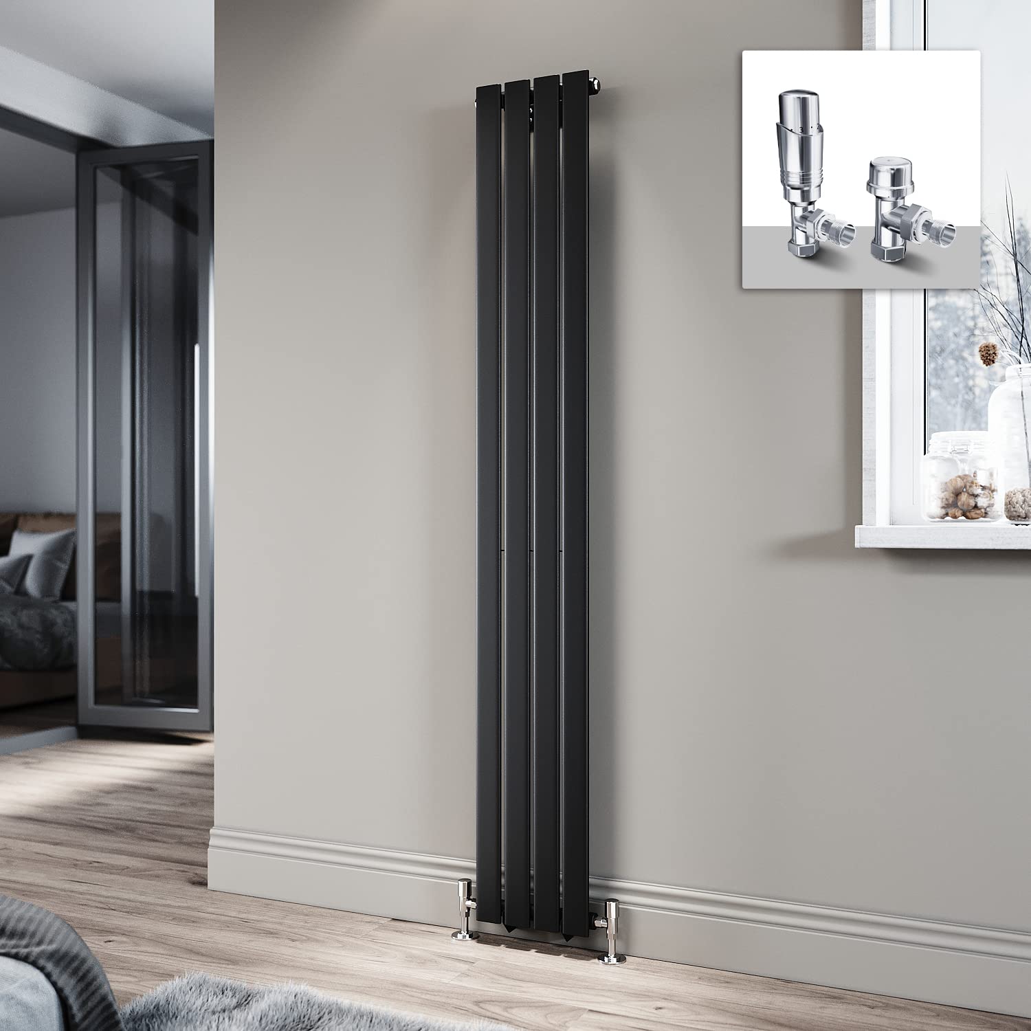 ELEGANT 1800 x 272mm Radiator Black Vertical Radiator Flat Panel Designer Radiator Single Panel Tall Upright Central Heating Radiator with Chrome Thermostatic Valves
