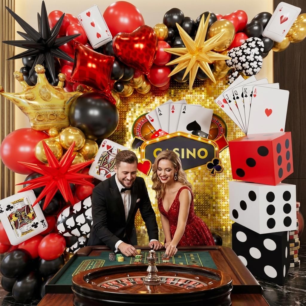 Casino Balloons Arch Kit - Latex Balloons, Dice Boxes, Full Deck of Big Pokers, Star, Crown Balloon Garland Kit for Birthday Anniversary Game Night Las Vegas Casino Theme Party Decorations