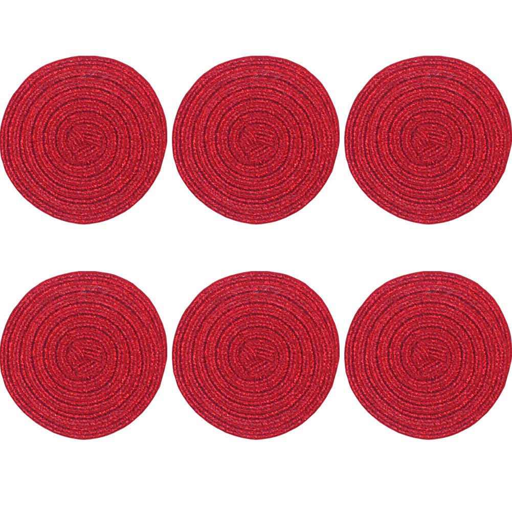 SCF2017 Round Woven Glitter Plastic Placemats 11cm Hollow Small Table Mats Coasters,Set of 6,Red