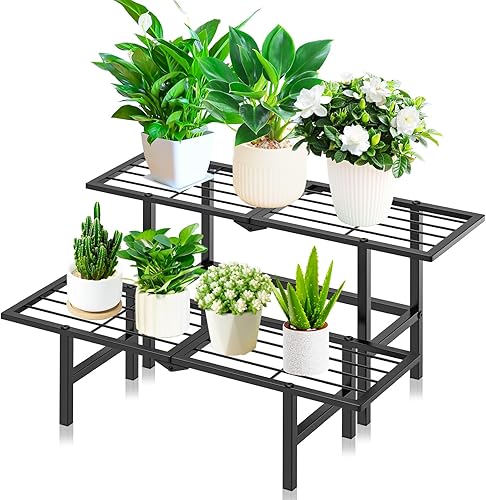 Soporte apilable para plantas de 2 niveles para interiores y exteriores, estante independiente plegable de metal resistente tipo escalera para