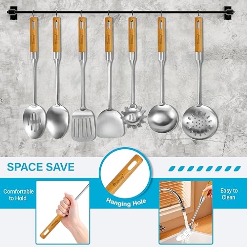 Miniatura 4 de Juego de utensilios de cocina grandes de acero inoxidable, juego de 7 utensilios de cocina con mango de madera, juego de herramientas de espátula