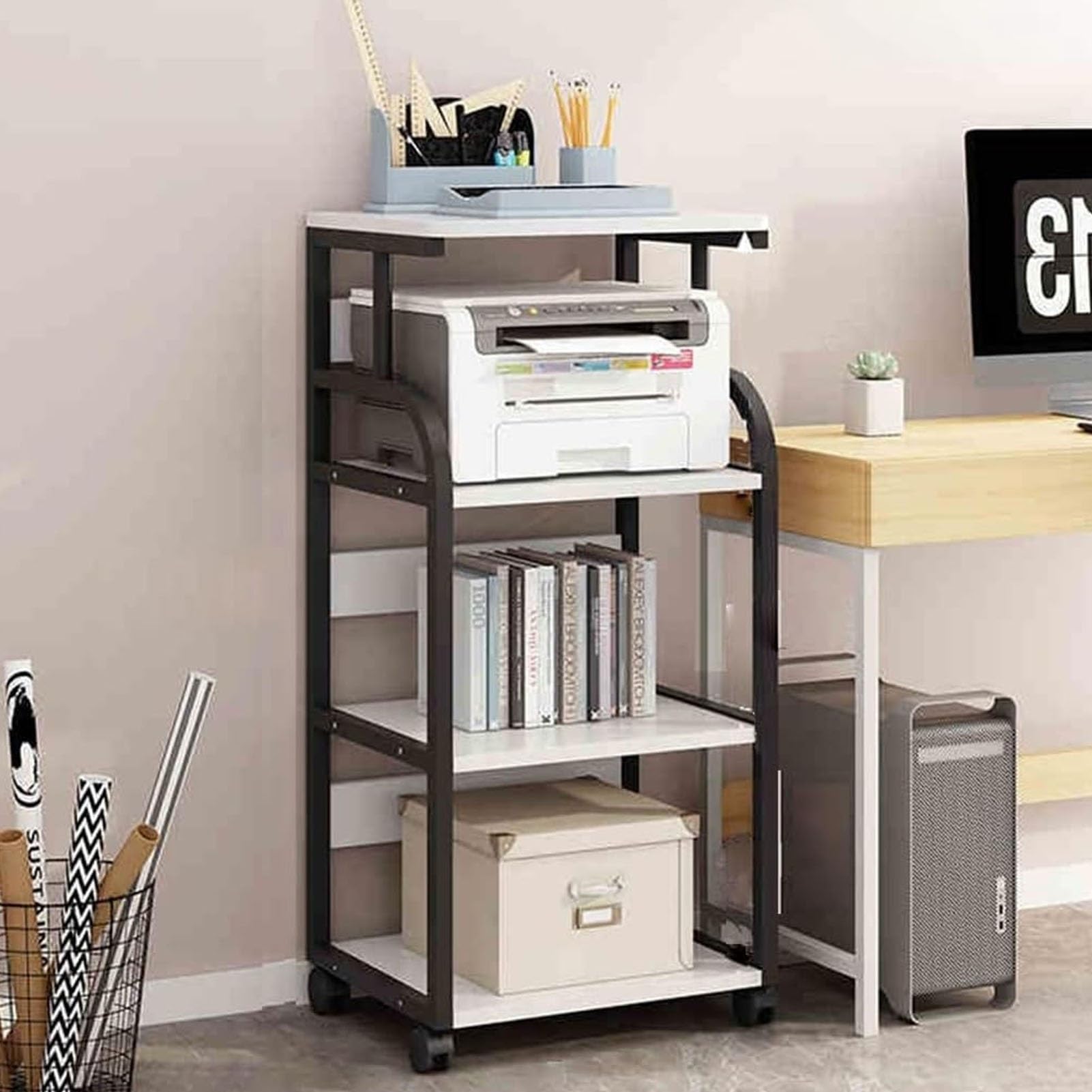 Carrito de impresora móvil multifuncional con estantes de almacenamiento sobre ruedas, mesa de impresora portátil para suministros de oficina, diseño de ahorro de espacio, ideal para fax e impresión