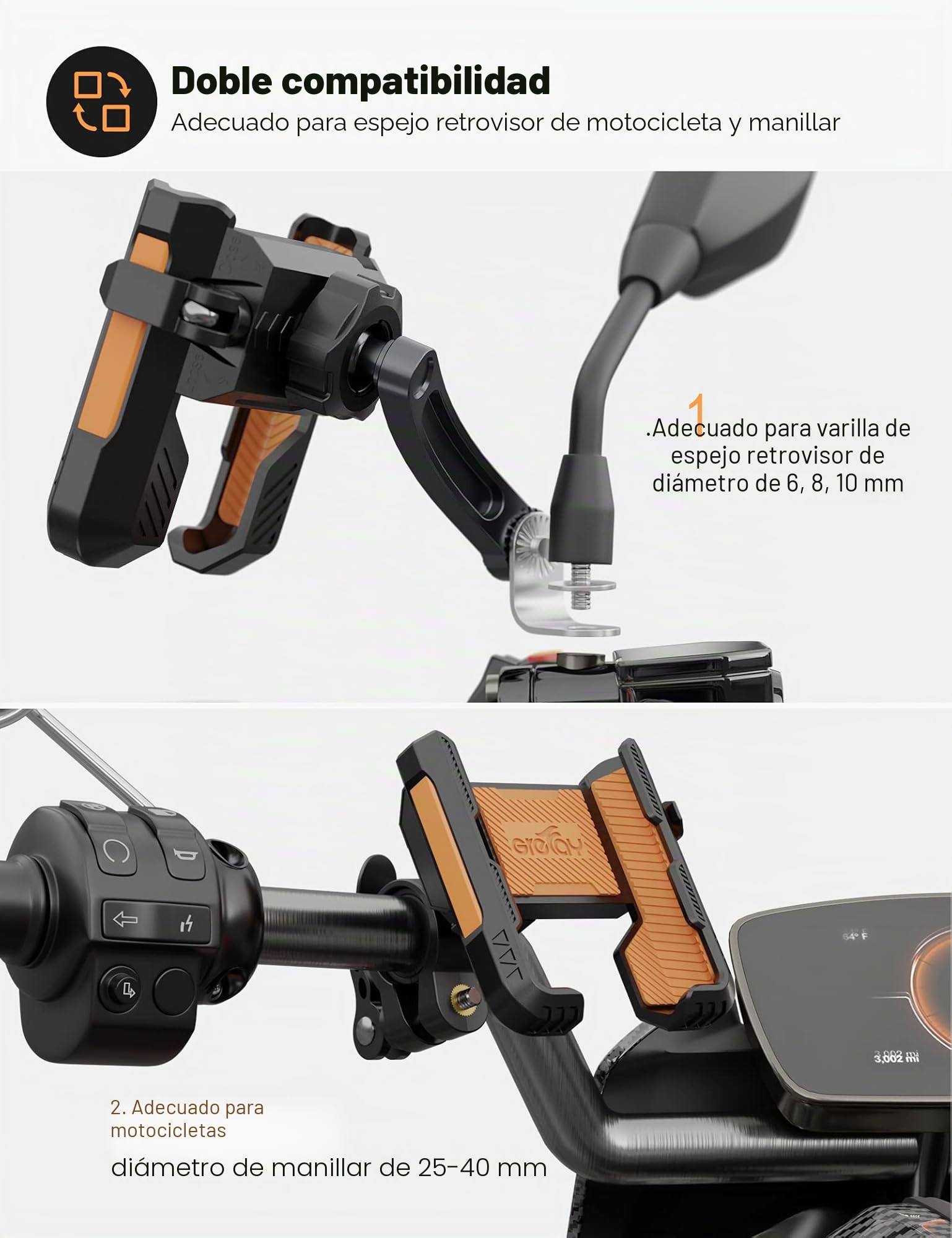 Grefay Soporte Móvil Moto Soporte Manillar Soporte Espejo Retrovisor | [2 Métodos Conexión + 1S Desmontaje Rápido] con 360 ° Giratorio para Teléfonos de 4.0-7.0 Pulgadas