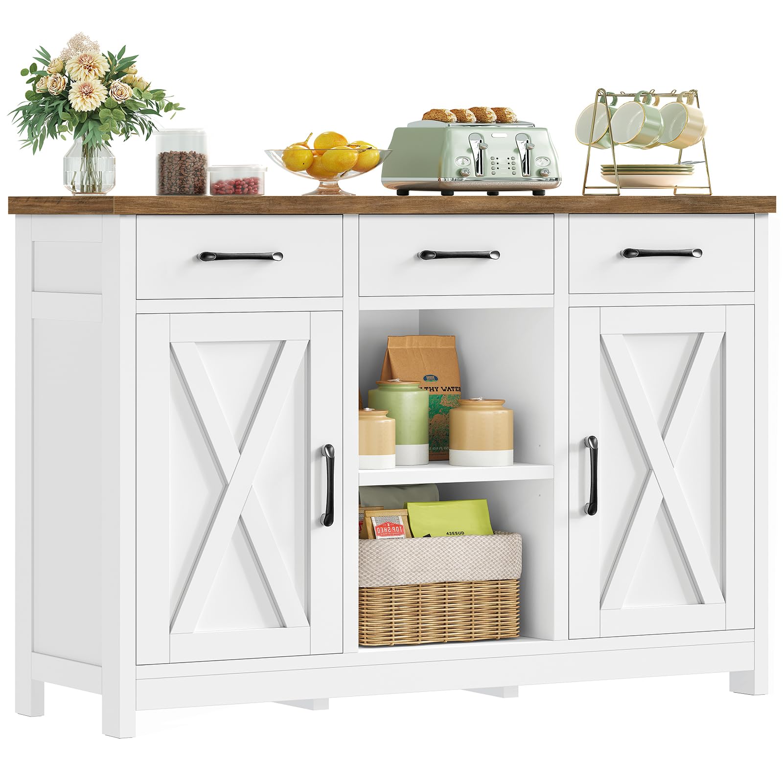 TEENFON Sideboard mit 2 Schränken, Sideboard Küchenschrank mit Arbeitsplatte, Buffetschrank mit 3 Schubladen & Verstellbaren Regalen, Küchenzeile für Küche, Wohnzimmer & Flur - 90 x 30 x 80 cm - Weiß