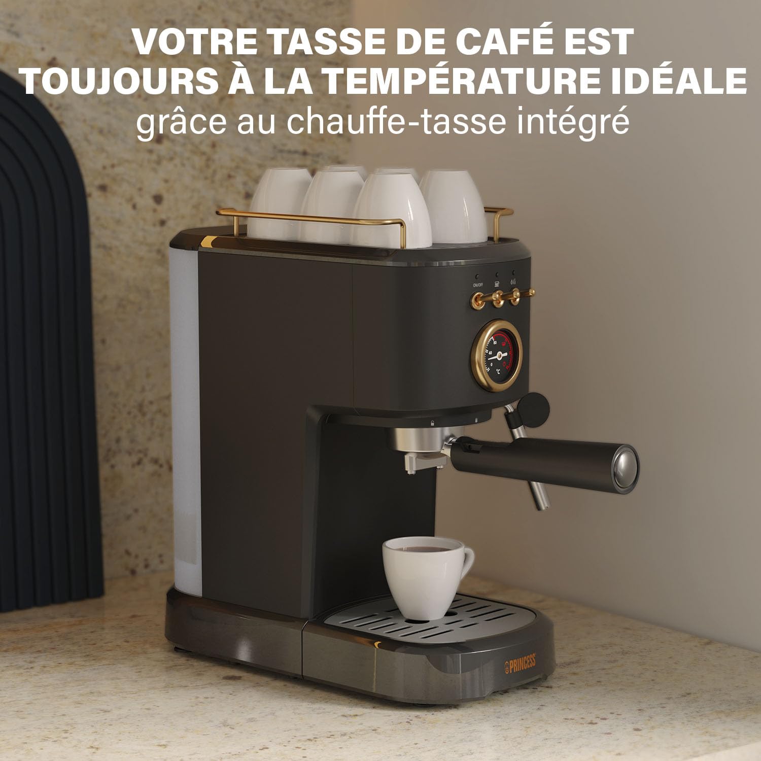 Princess Machine à Expresso, 1100W, 20 Bars, Chauffe-Tasses, Buse Vapeur, Réservoir 1,2L, Compatible Café Moulu et Capsules, Facile à Nettoyer, Arrêt Automatique, 01.249417.01.001