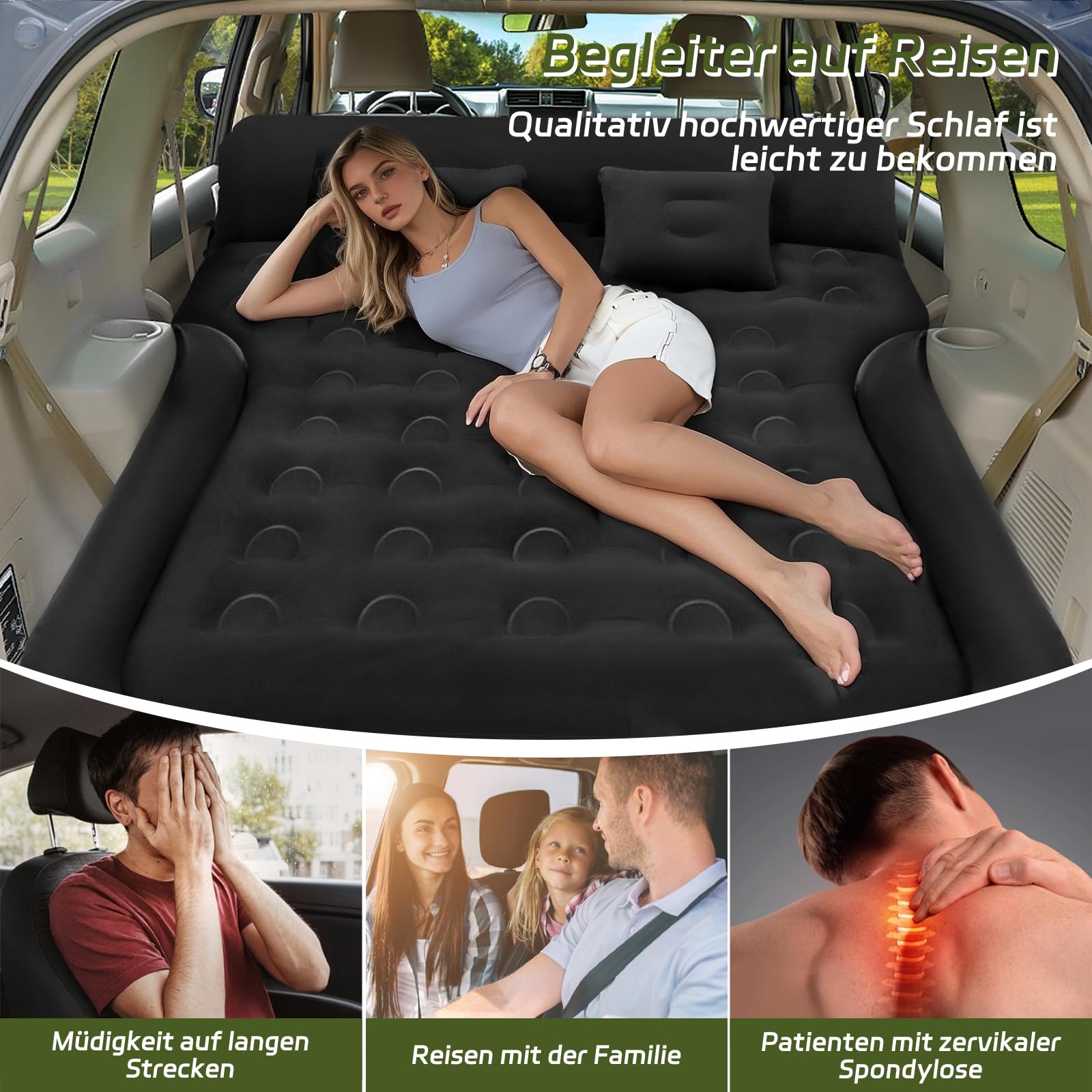 YOOHBERRYS Auto Matratze, 182 * 144cm SUV Auto Luftmatratze mit Luftpumpe, 2 Kissen, Verdickte Beflockung Aufblasbare Auto Bett Kofferraum für Camping Reisen Outdoor