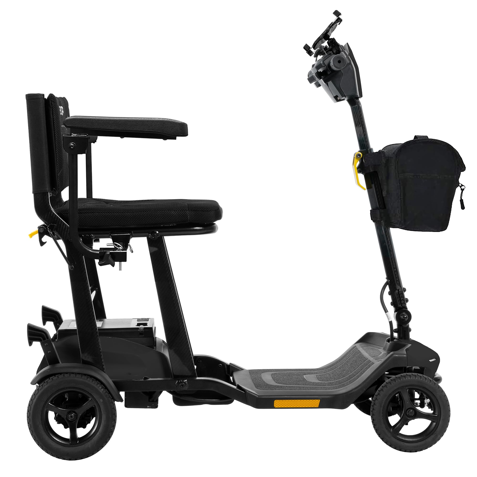 Pride Mobility Go Go - Patinete de viaje súper portátil + soporte para teléfono celular, kit de reposabrazos, scooter plegable de movilidad eléctrica, capacidad de 300 libras, compatible con Ariline