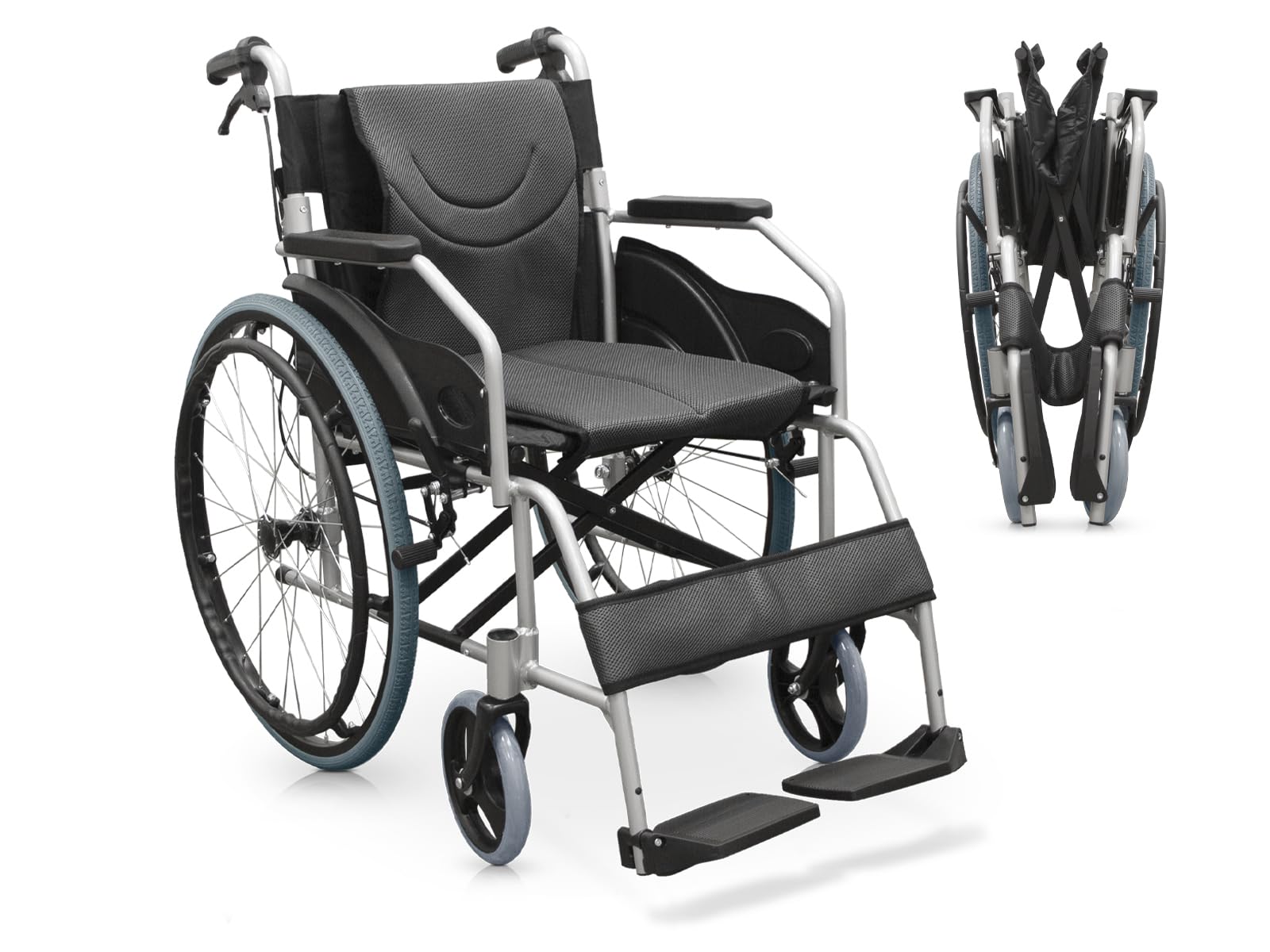QUIRUMED Silla de ruedas manual de aluminio, Plegable, Ligera, Ancho asiento 46 cm, Frenos de maneta, Acolchada, Para minusválidos, Para personas mayores, Hasta 110 kg