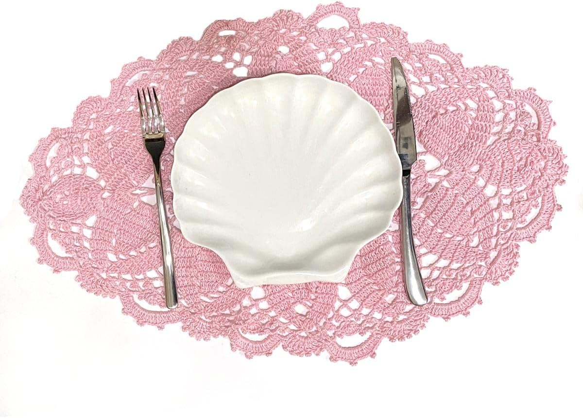 BIBITIME Crochet Knitted Table Doilies Lace Doily Handmade Placemats Kitchen Cup Mug Mats (4PCS-11.8" x 22", Style03-Pink)