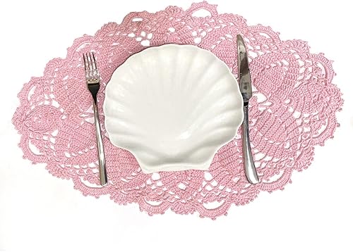 Miniatura 3 de BIBITIME Manteles individuales de encaje, ovalados, redondos, hechos a mano, de ganchillo, para tapetes de cocina (rosa, 1 unidad, 11.8 x 22