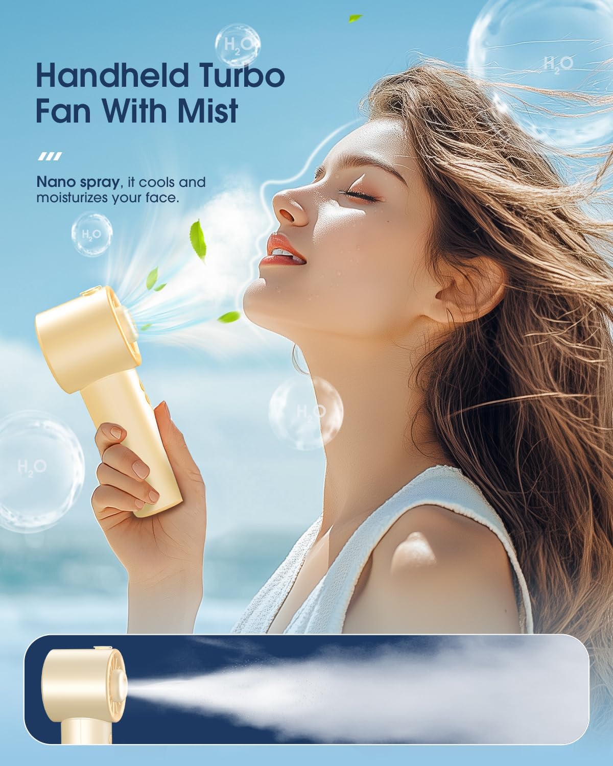 Ausic Portable Handheld Turbo Fan with Mist, High-Speed Personal Mini Misting Fans, 3 Speeds Rechargeable Battery Operated Small Fan for Travel/Outdoor/Home/Office/Makeup/Gift