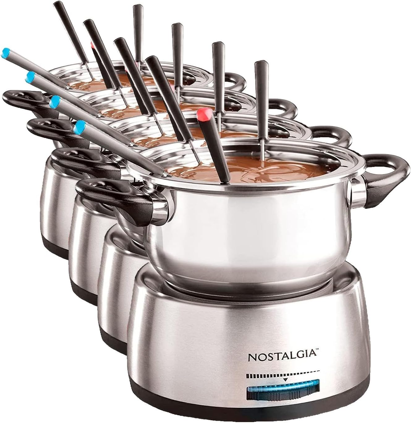 Nostalgia 6-Cup Electric Fondue Pot Set for Cheese & Chocolate - 6 Color-Coded Forks, Temperature Control - Stainless Steel Kitchen Gadgets and Appliances for Hors d'Oeuvres and More - (Pack of 4)