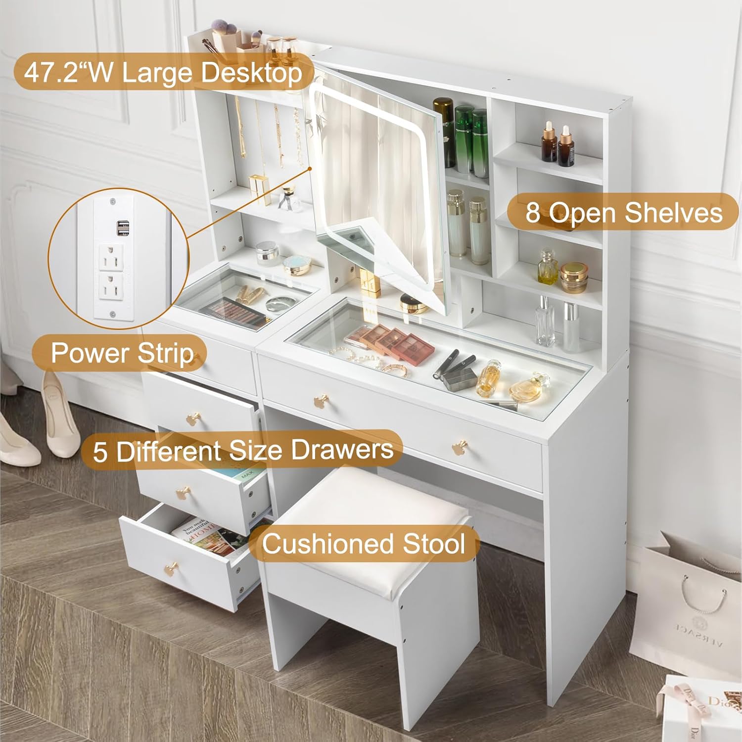 Karl home Makeup Vanity with Lighted Mirror Bedroom Vanity Desk with Charging Station Large Vanity Set with Transparent Desk, Drawers, Cabinet, Shelves for Storage in Bedroom, White