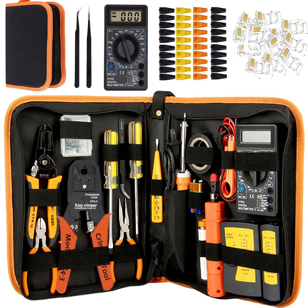 Leatbuy Kit d'outils à sertir RJ45 CAT5/CAT6 pour coupe-Ethernet avec connecteurs, couvertures de câble réseau LAN et dénudeur (orange)
