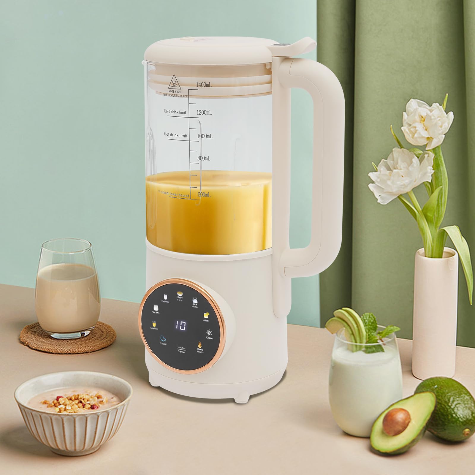Vollautomatischer Sojamilchbereiter 1,4L, 24h Vorwahl & 6h Warmhaltefunktion, 600W Nussmilchmaschine, Selbstreinigungsfunktion für Sojamilch, Nussmilch, Hafermilch, Babynahrung, Saft