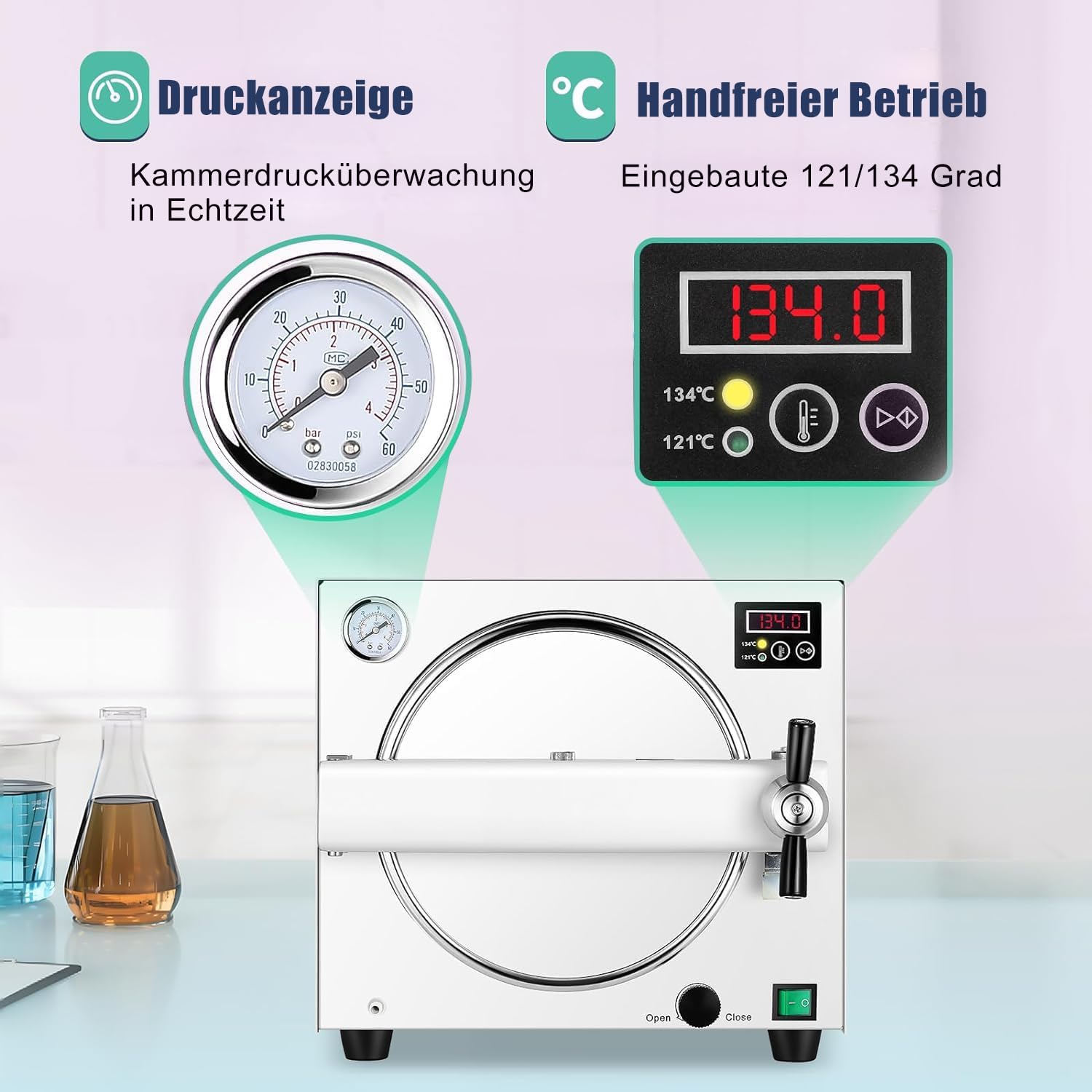 Autoklaven-Dampf 18L 1000W, tragbarer LED-Digitalanzeige-Autoklaven-Sterilisator mit Chip-Kontroll-Edelstahl-Laborausrüstung