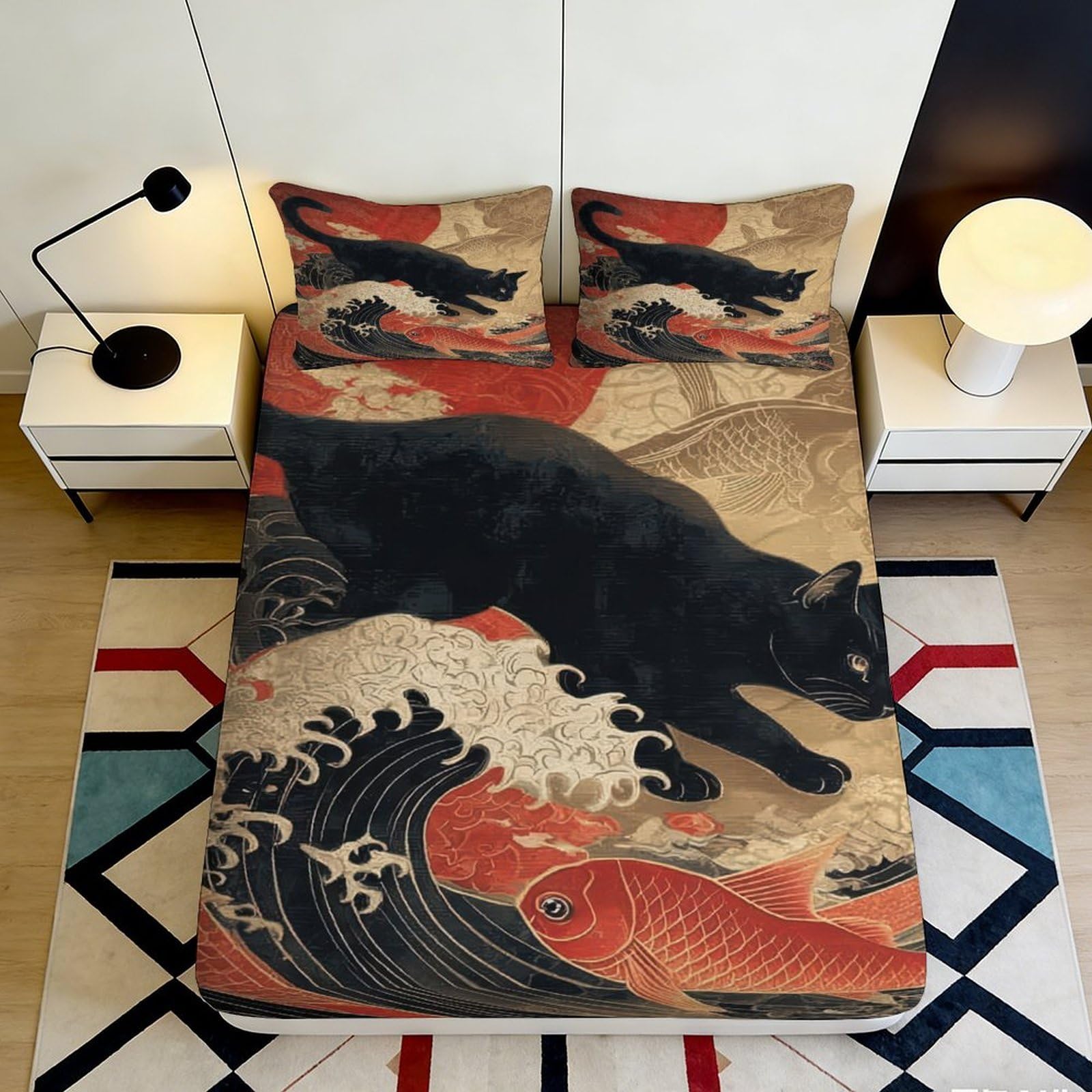 3D Printed Black Cat Fitted Sheet Microfiber Japanese Wave Red Koi Mattress Cover Bedroom Decor Easy Care 90x200x25cm