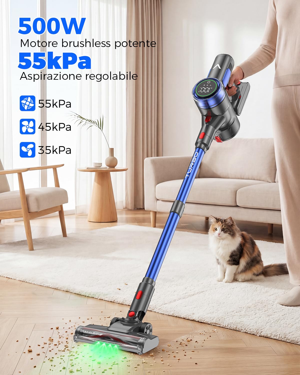 aonus A10 Aspirapolvere Senza Fili, 55 kPa 500W, 70 Minuti di Autonomia, Schermo Tattile, Leggero, Antigroviglio, Autoportante, per Peli di Animali, Tappeti e Pavimenti Duri, Blu