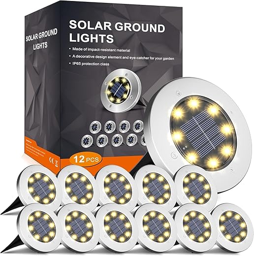 12-Packs 8 LED INCX Solar Ground Lights, Solar Powered, Waterproof - Warm White (Refurbished)