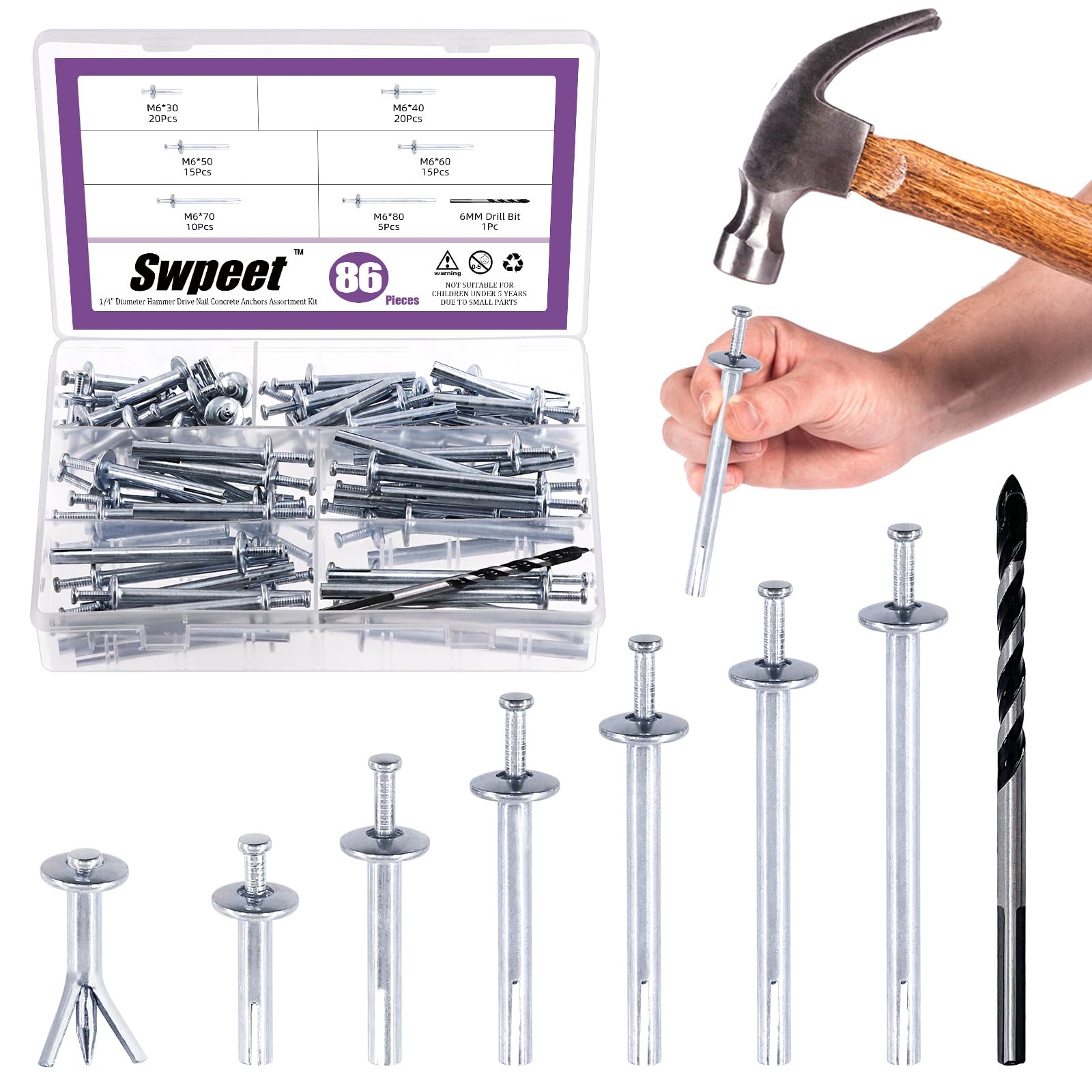 Hammer Drive Anchor 86-Piece Concrete Anchor Kit Sizes Hammer