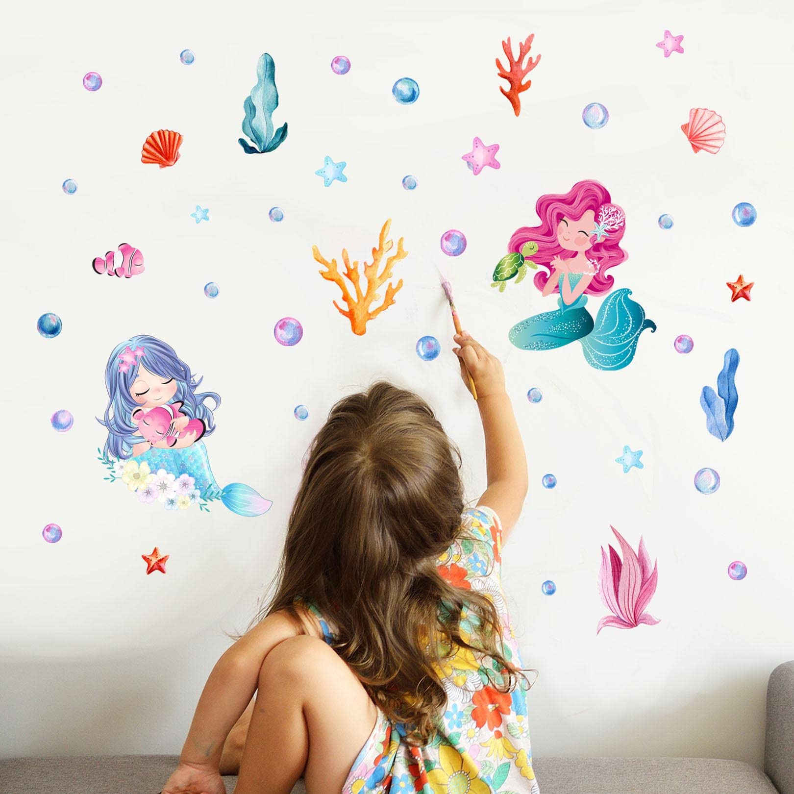 Pegatinas de Pared Sirena Niña Luminosas, Vinilo Decorativo de Luminosas, Wall Sticker Fluorescente, Mundo Submarino Adhesivos de Pared Decoración, para Guardería Bebés Dormitorio Habitación Infantile