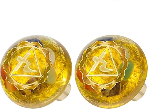 Rockcloud Paquete de 2 pomos redondos de resina con símbolo de chakra solar, piedra de cristal de roca para armario, tiradores de puerta con