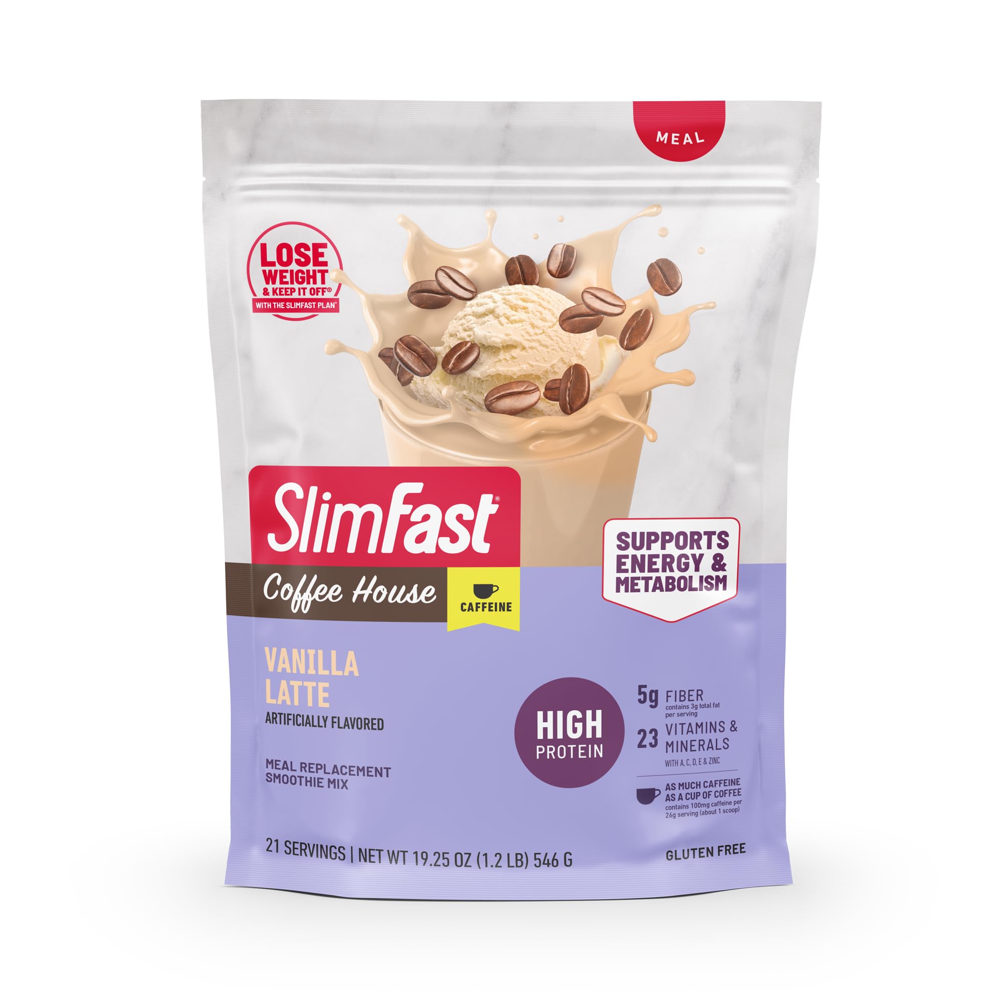SlimFast Mistura proteica para substituição de refeição, sabor Vanilla Latte, 20 g de proteína e 100 mg de cafeína por porção, 545,6 g