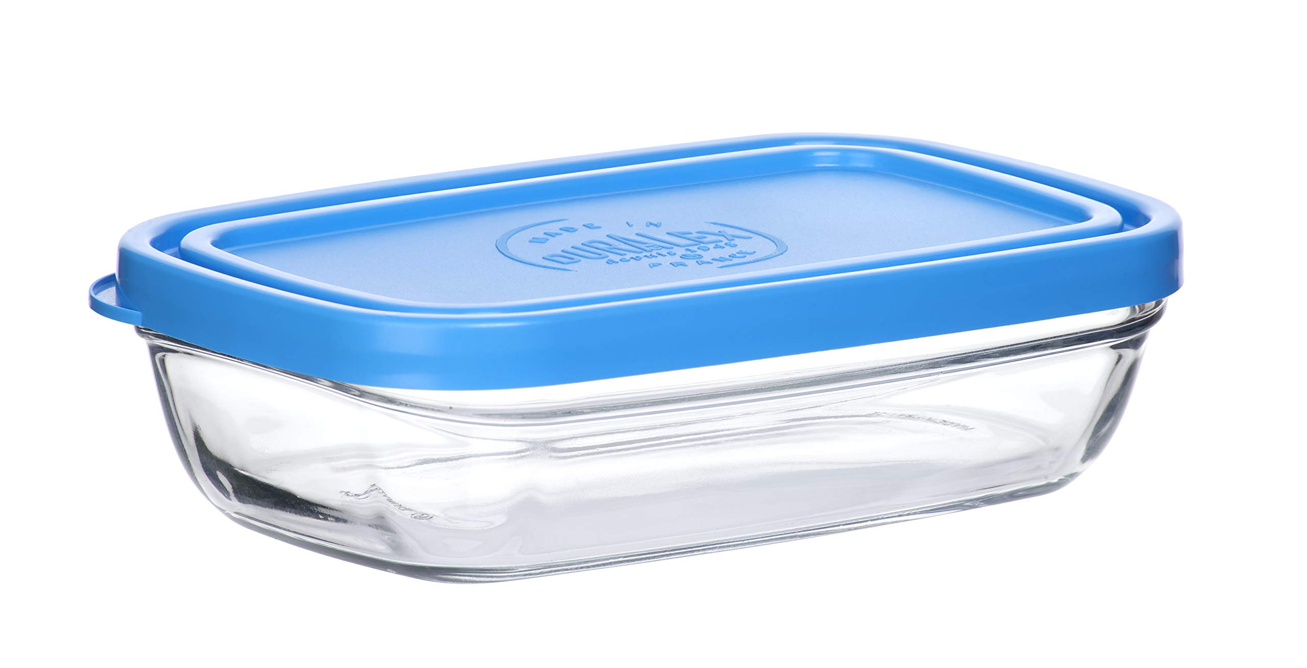 Duralex Freshbox Tempered Glass Solid Rectangular Bowls with Blue Lid (Transparent, 5 7/8" 370 ml, 9055AM)