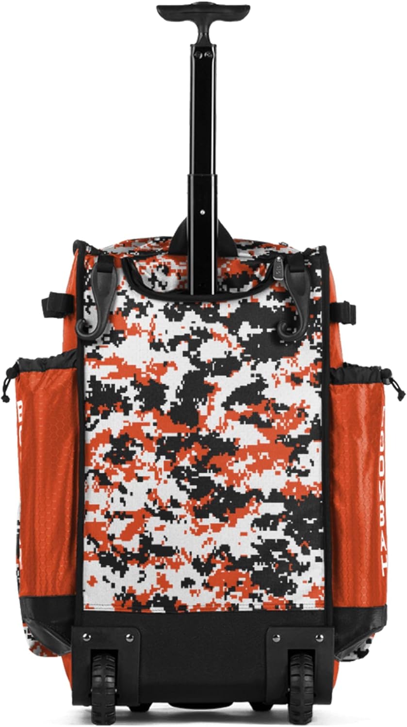 Boombah Rolling Superpack Baseball/Softball Gear Bag - 23-1/2" x 13-1/2" x 9-1/2" - Digital Camo Orange/Black - Telescopic Handle - Holds 4 Bats - Wheeled Version