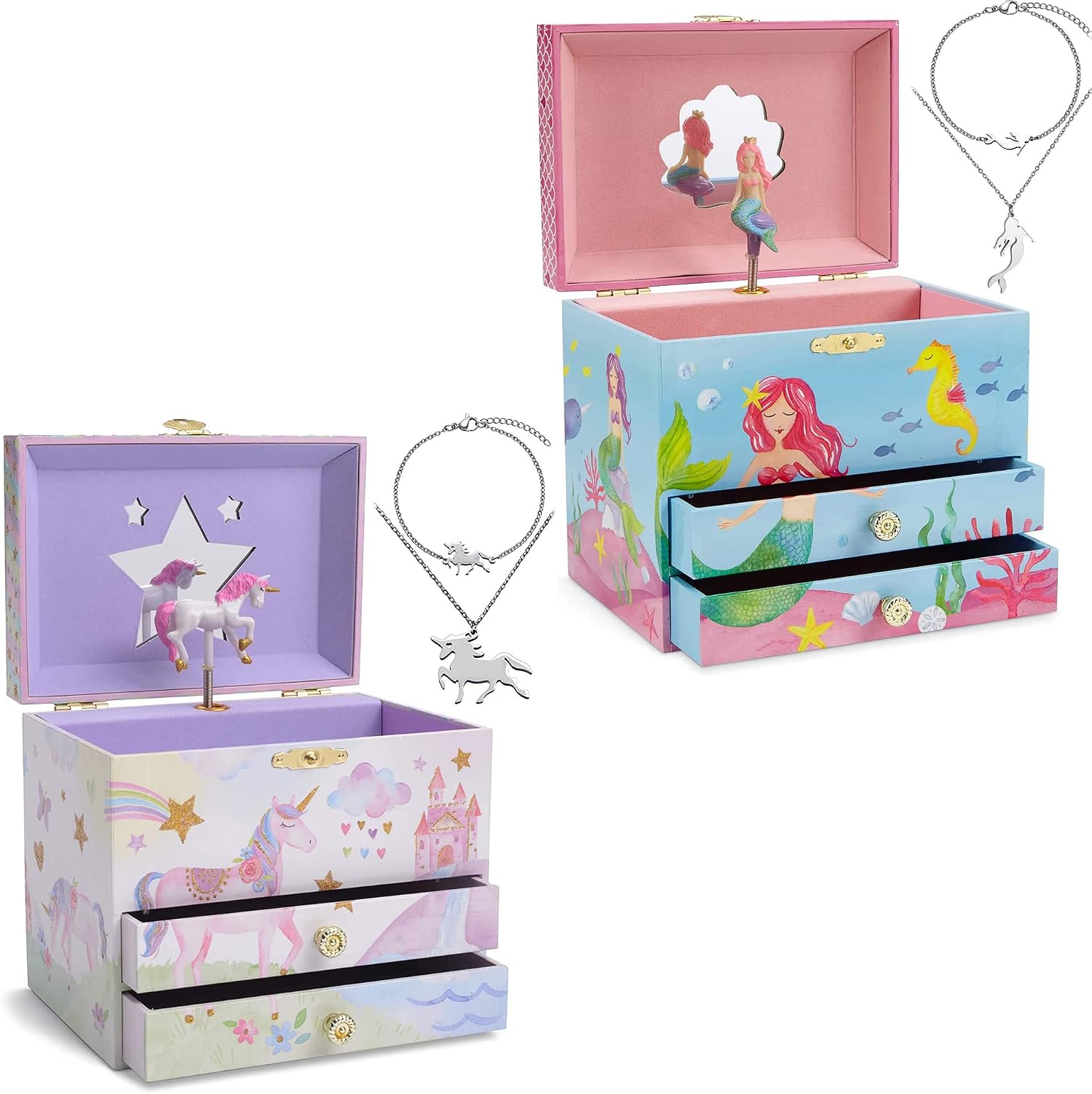 Jewelkeeper Mermaid Music Box & Little Girls Jewelry Set - 3 Mermaid Gifts for Girls Bundle with Unicorn Music Box & Little Girls Jewelry Set - 3 Unicorn Gifts