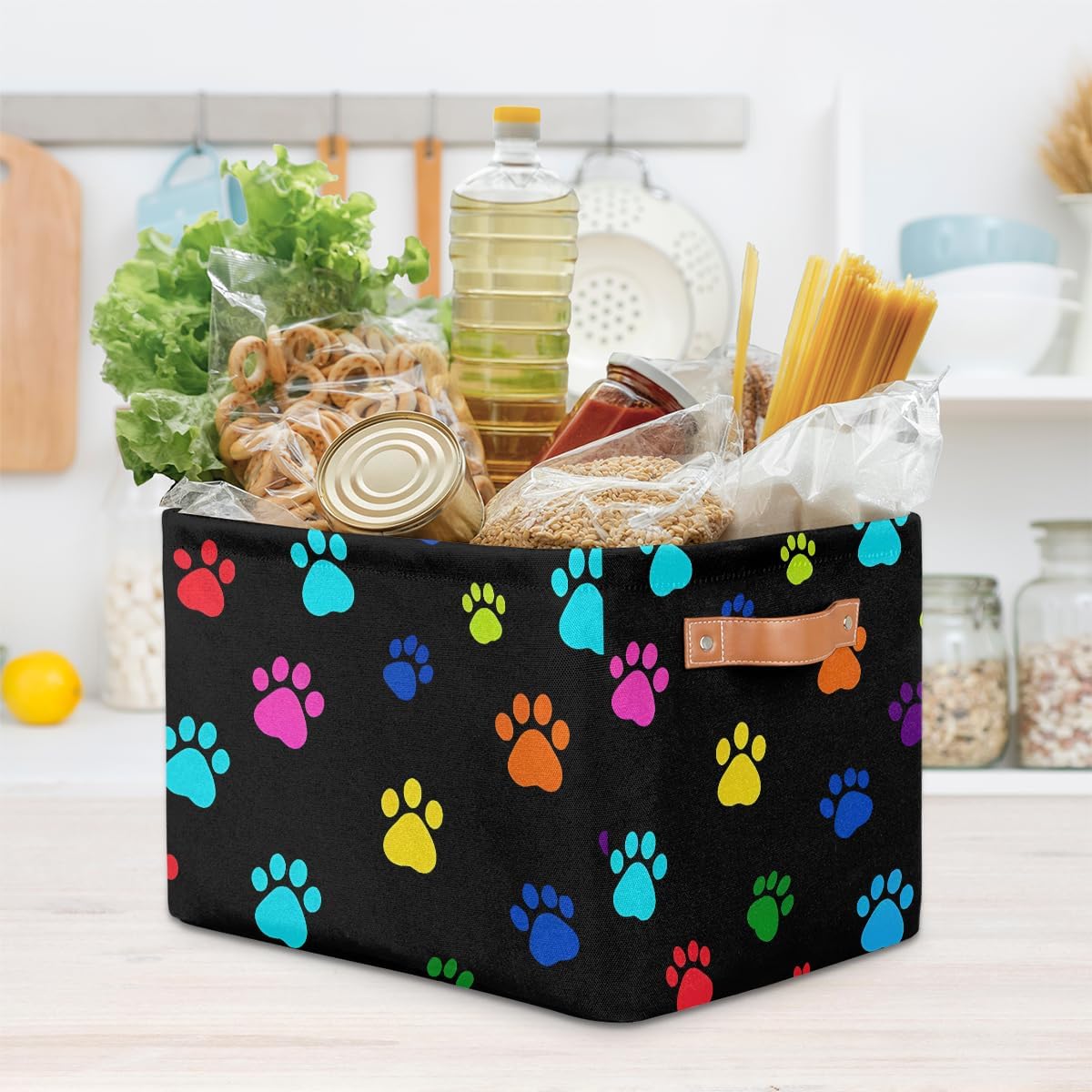 Colorful Paw Print Storage Basket Cube Animal Dog Cat Collapsible Storage Bin with Handle Large Baskets Box Toy Cloth Organizer Shelves for Closet Nursery Bathroom Home